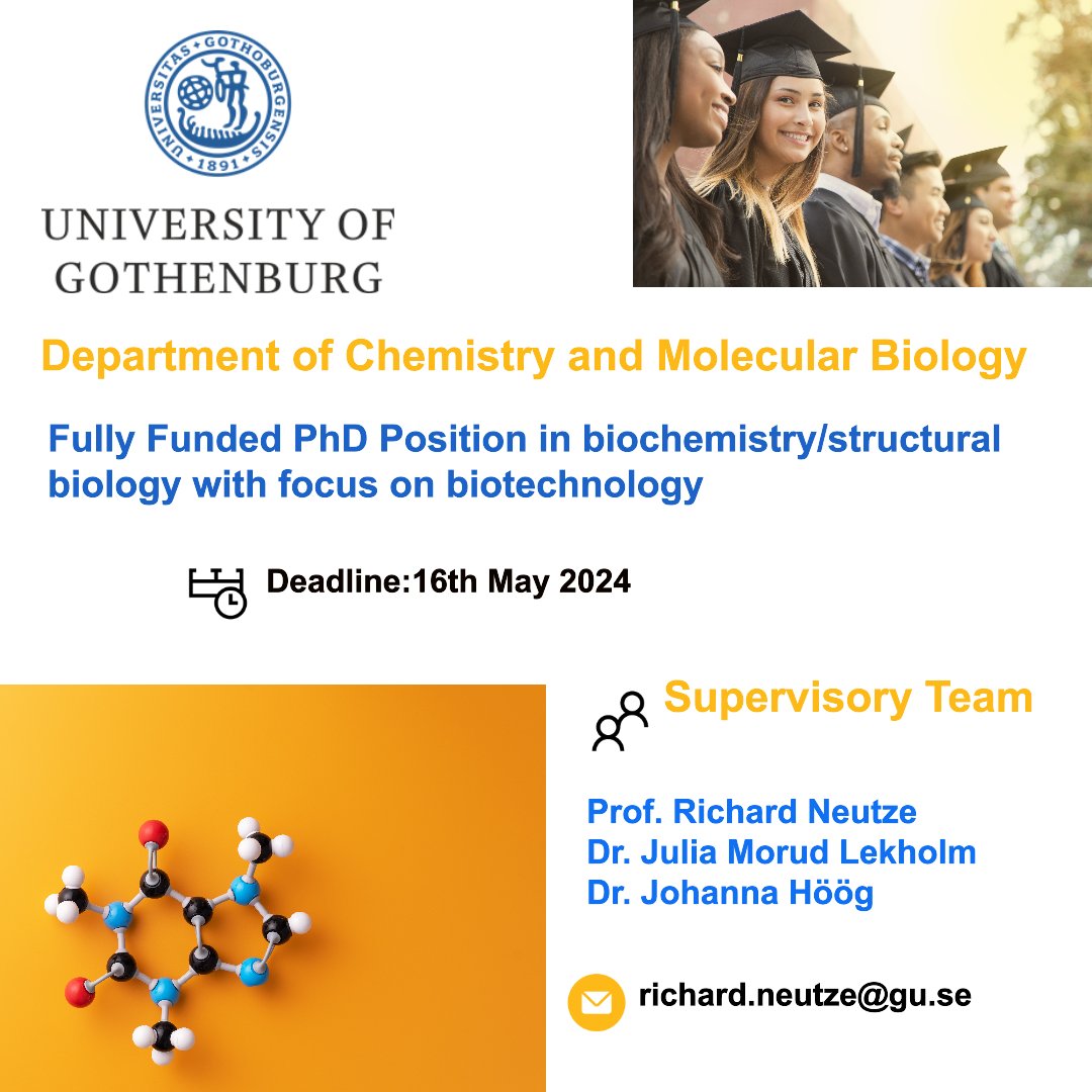 🔃 Fully Funded📢📢 #phdposition alert

✅ Passionate about #biochemistry #Biology #biotechnology 👩‍🔬👨‍🔬🔬

✅ Rare upto 4⃣ years @Vetenskapsradet  fully funded #PhDposition within the Department of Chemistry and Molecular Biology @goteborgsuni

📌 This #PhDposition  will focus…