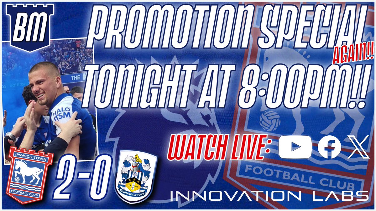 🚩 'WE ARE PREMIER LEAGUE!' - TONIGHT AT 8PM!! 🗣️ *JOIN US LIVE* as we celebrate #ITFC's promotion to the Premier League following victory over Huddersfield! 📺 Watch live here, Facebook or YouTube: youtube.com/live/XxdXbTVwn… 🎧 Available on podcast later 🤝 @LabsStowmarket