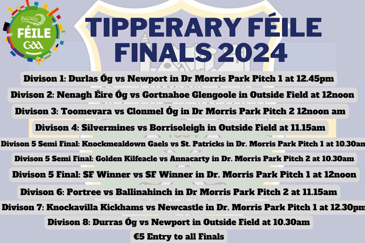 💙💛 Tipperary Féile Finals 💙💛

Details are now confirmed for the Féile Finals tomorrow!

Please note that games will take place between Dr Morris Park and the Outside Field (Thurles Sarafields GAA). 

€5 entry to all finals 💙💛

@TipperaryGAA