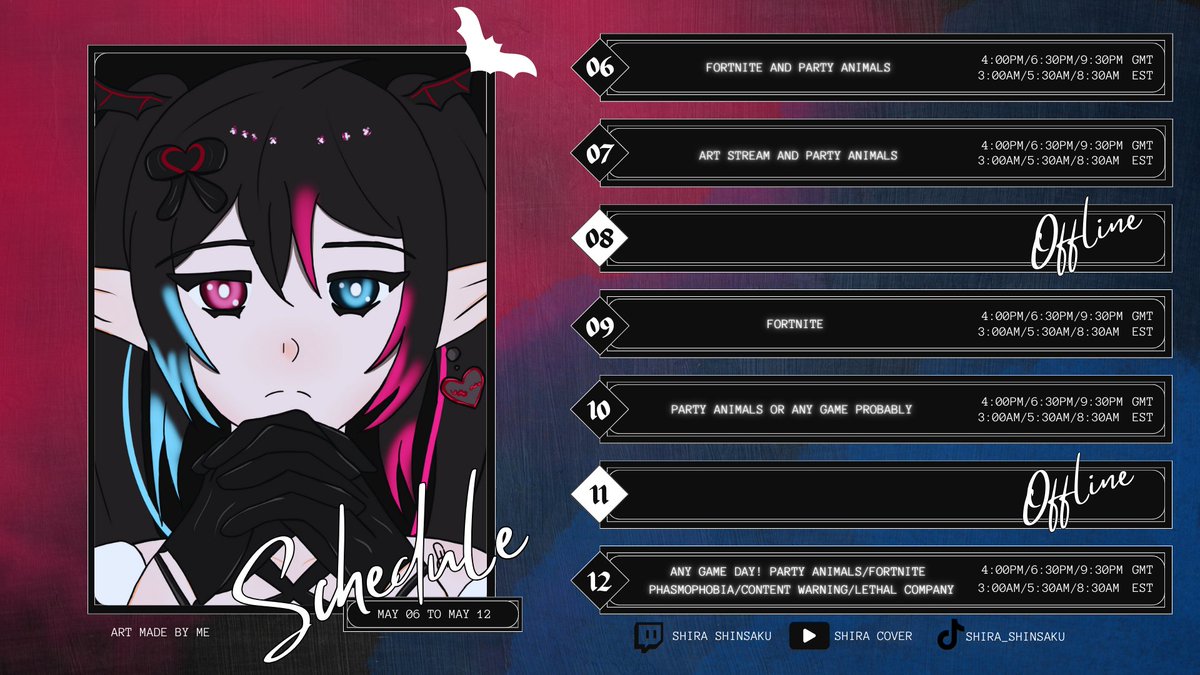 Peekaaabooo! 😳
Schedule for this week May 06 - May 12 🖤 

There is possibly surprise collab this week. 🤍

#VtuberSchedule #Vtuber