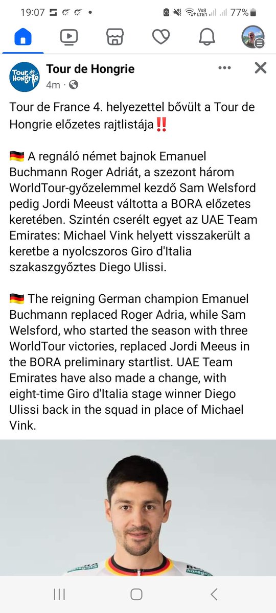 The official FB site of Tour of Hungary confirms that Emanuel Buchmann & Sam Welsford will be on the startlist of next week's race #TourdeHongrie