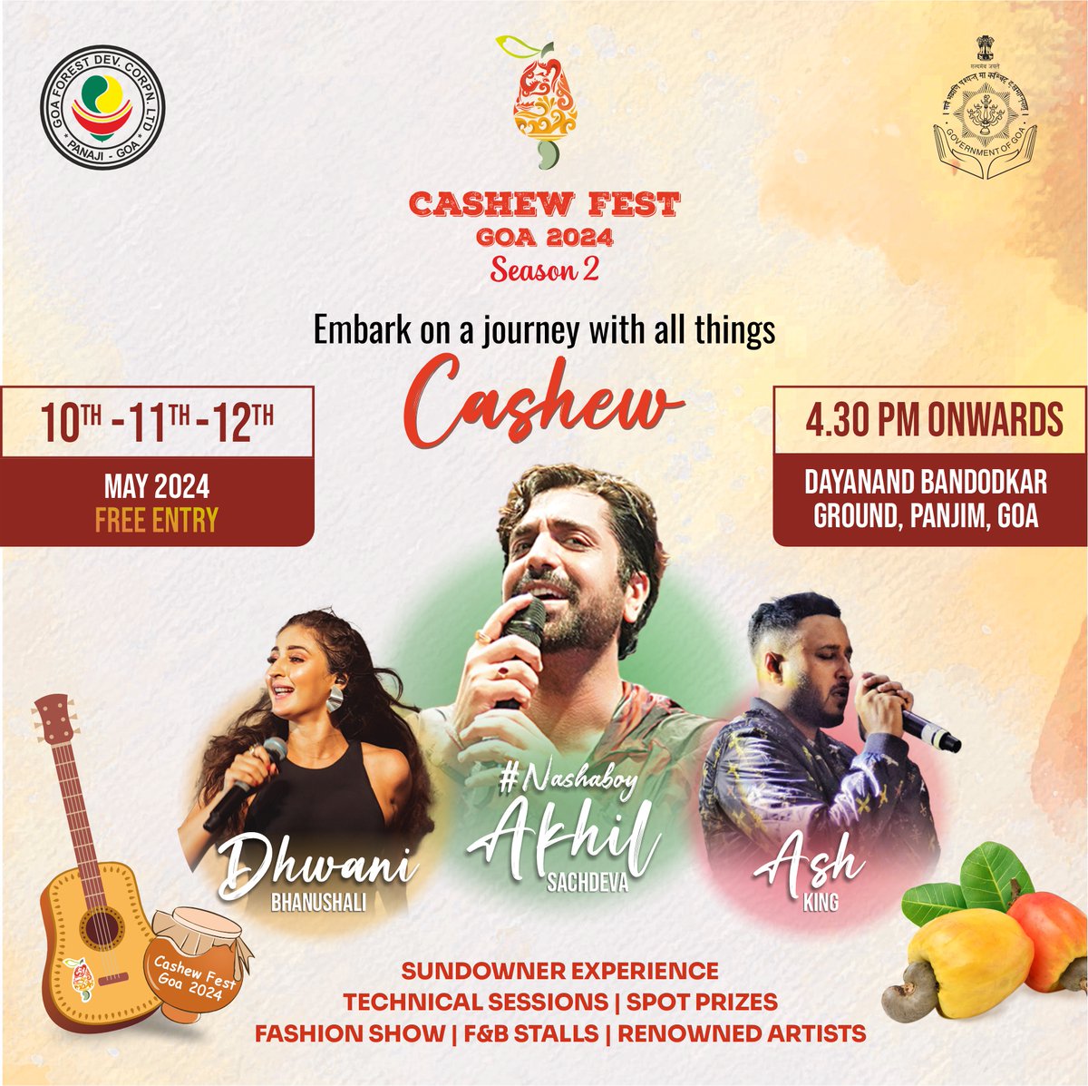 Join us at Cashew Fest Goa 2024 Season 2 with some live performances by Dhvani Bhanushali, Akhil Sachdeva, and Ash King!

#CashewFestGoa #DhvaniBhanushali #AkhilSachdeva #AshKing #LiveMusic #FreeEntry #DanceAllNight #goanewslink