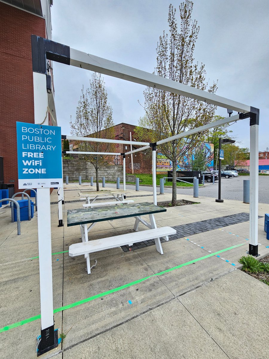 The Boston Public Library has set up outdoor wi-fi zones that provide free, outdoor wi-fi, 24 hours a day at 15 different locations around the City of Boston.