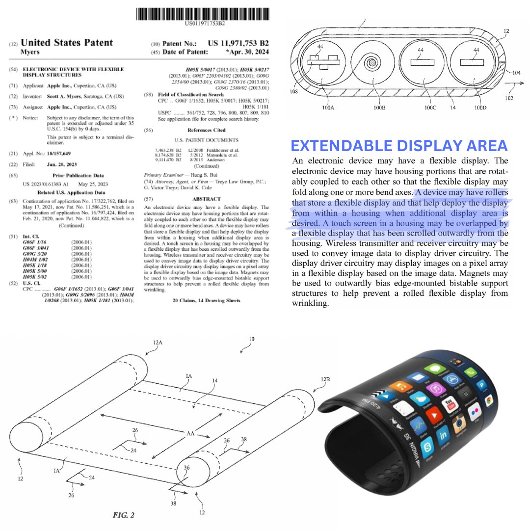 Is Apple rolling out an extendable display area in their next gen products?

Apple is granted a patent on an electric device having a flexible display structure. See highlighted portion below for additional details on how it works.

US Patent No. 11,971,753

#Apple #patents