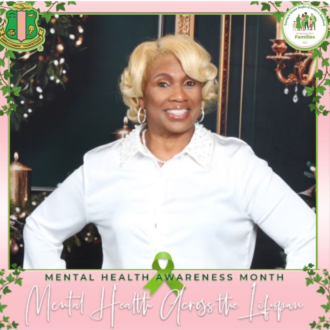 Join Eta Xi Omega Chapter member JaNett in supporting Mental Health Awareness Month, as it plays a critical role in breaking the stigma surrounding mental health issues. #MentalHealthMatters #aka1908 #sophisticatedsoutheastern #soaringwithaka #etaxiomegachapter