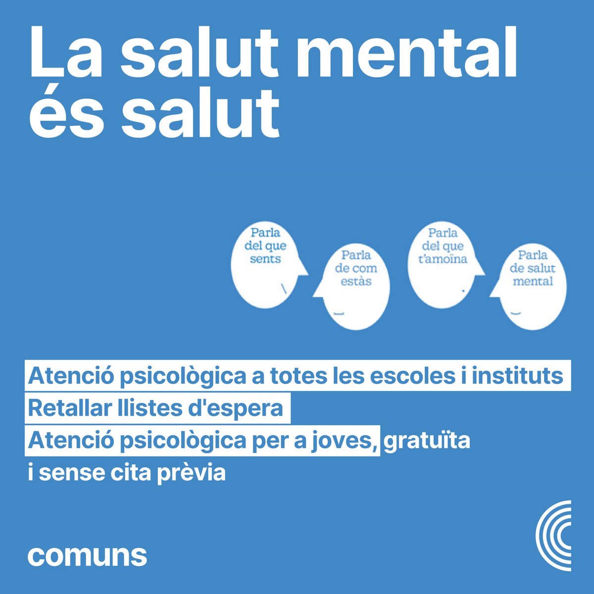 🧠La Catalunya que ve és una Catalunya que posi la salut mental al cor de la Sanitat Pública.

Cal garantir el dret a la salut mental amb més recursos i un accés universal a la cartera de serveis.

Perquè la salut mental és salut.