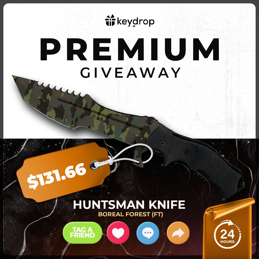 Win Huntsman Knife | Boreal Forest FT in JUST 3 clicks! 🏆

👊 Like ❤️ the post!
🔁 Retweet! 
👥 Tag a Friend! 

⏰ Wait 24 hours! 

*Make sure you follow us 

#giveaways #signfree #freegiveaways #keydropcom