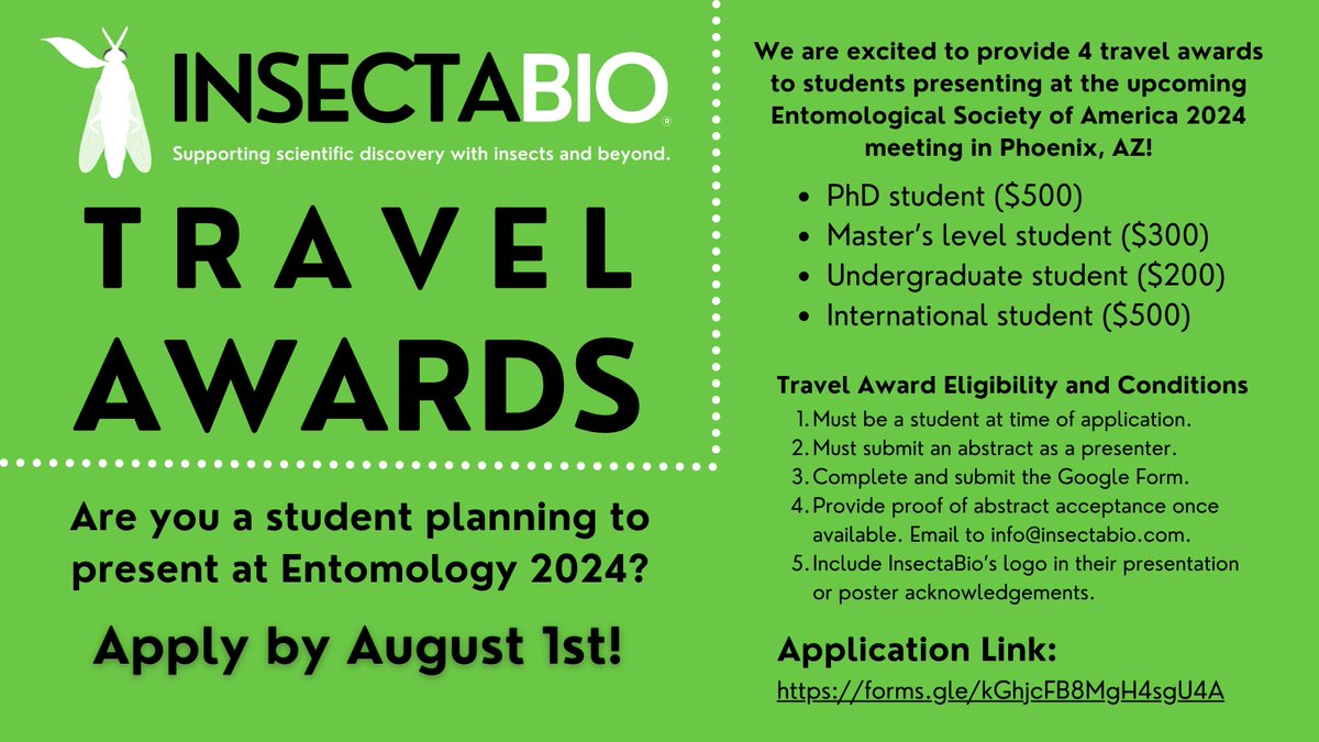 InsectaBio is excited to announce FOUR travel awards for students planning to present a talk or poster at the Entomological Society of America 2024 meeting in Phoneix, AZ! Application due Aug 1, 2024! Details: docs.google.com/document/d/1Xw… Application: forms.gle/kGhjcFB8MgH4sg…