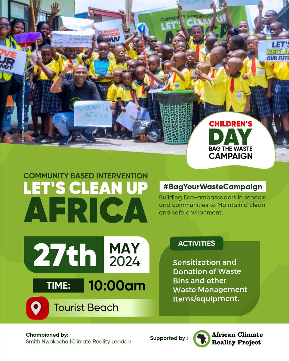Join us to Celebrate Children's Day, as we Clean Up Tourist Beach in Port Harcourt and Bag The Waste. 
See attached e-flier for details.
#TheAfricaWeWant 
#BagTheWasteCampaign
#CleanUpAfrica
#TouristBeach 
#ClimateAction 
@AfricaCRP 
@ACRPWestAfrica 
@ClimateReality 
@UNEP
