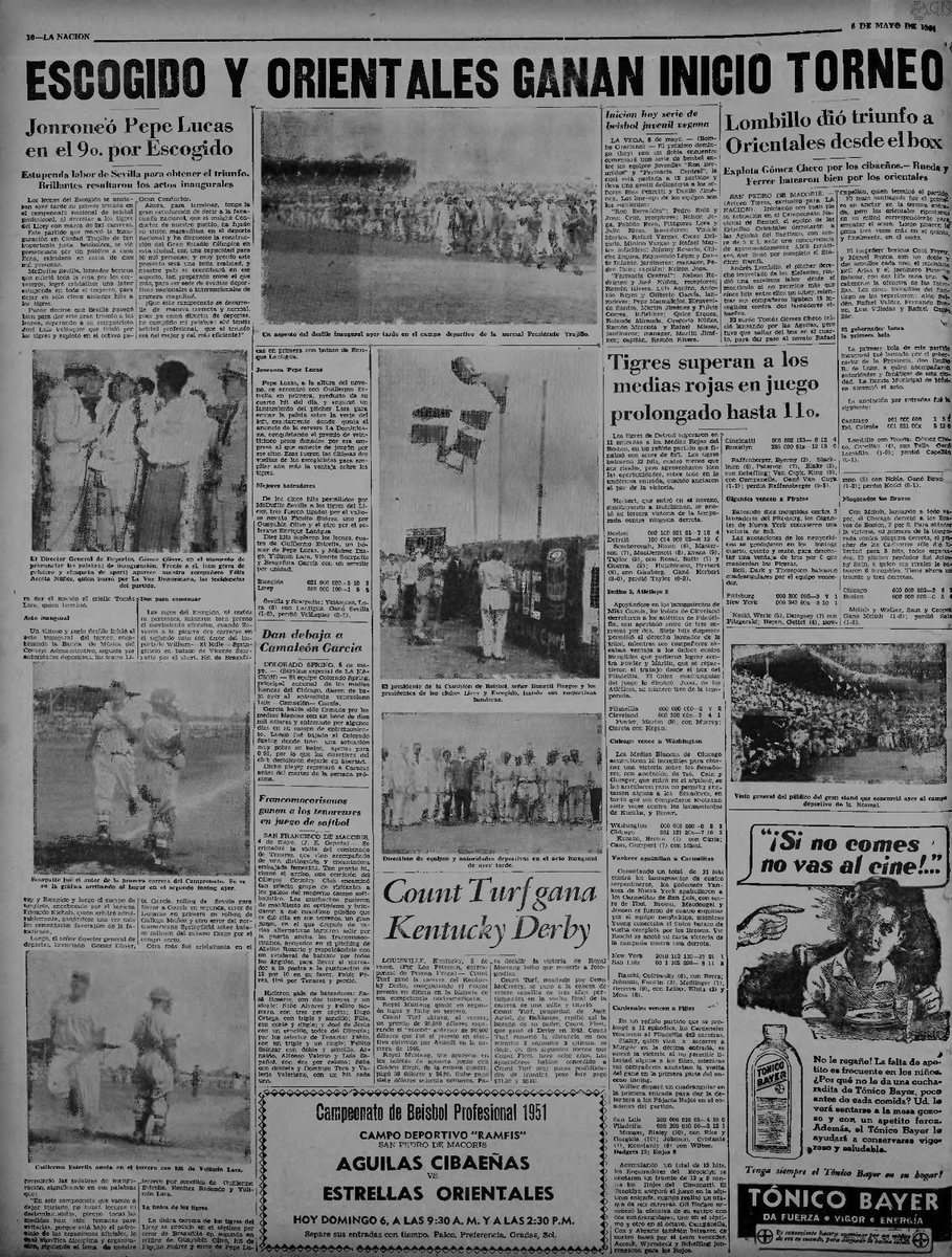 Estos fueron los titulares un día como hoy en el 1951 👀⚾️ El 5 de Mayo de ese año, nacía nuestra liga con dos partidos entre Tigres y Leones en Santo Domingo y Águilas y Estrellas en San Pedro de Macorís. Hemos crecido mucho desde entonces… ¡Y todo lo que viene! 🤩⚾️ #LIDOM
