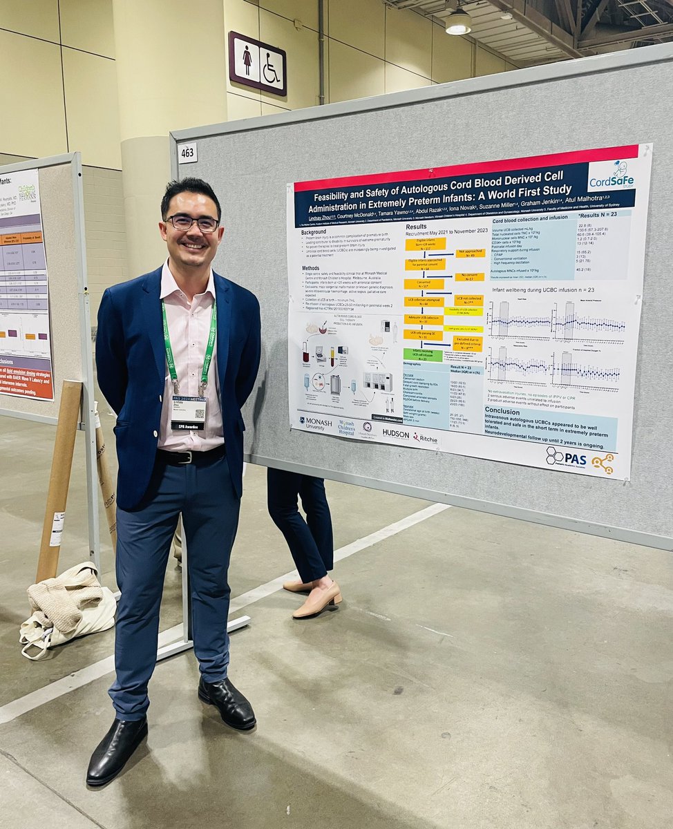 Grateful to have had the opportunity to present my poster on the Cord-Safe study @PASMeeting and to be awarded the @SocPedResearch MD-PhD Award. Thanks to all those who came to chat about our cord blood cell therapy work!