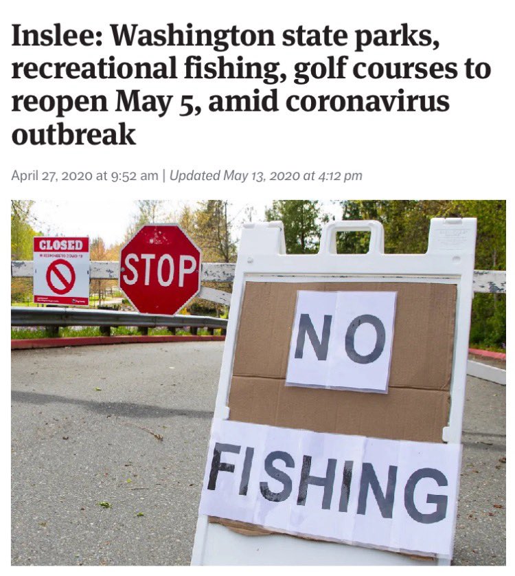 Four years ago :: Governor Inslee reopened parks, hiking trails, fishing, and golf in WA state. But there were heavy caveats + stern warnings that if we did not comply with his orders, he would close the outdoors again. What an abusive monster. 2020 was just…insanely stupid.