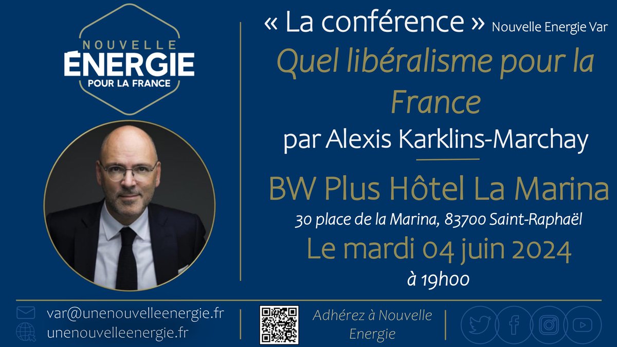 ⚠️⚠️📅À vos agendas 📅⚠️⚠️ Nouvelle Énergie Var organise « La Conférence » le mardi 04 juin 2024 à 19h au Best Western Plus Hotel La Marina St Raphaël ! 📗« Quel libéralisme pour la France 🇫🇷» animée par @alexiskarklins Inscriptions👉docs.google.com/forms/d/e/1FAI… #NouvelleEnergie