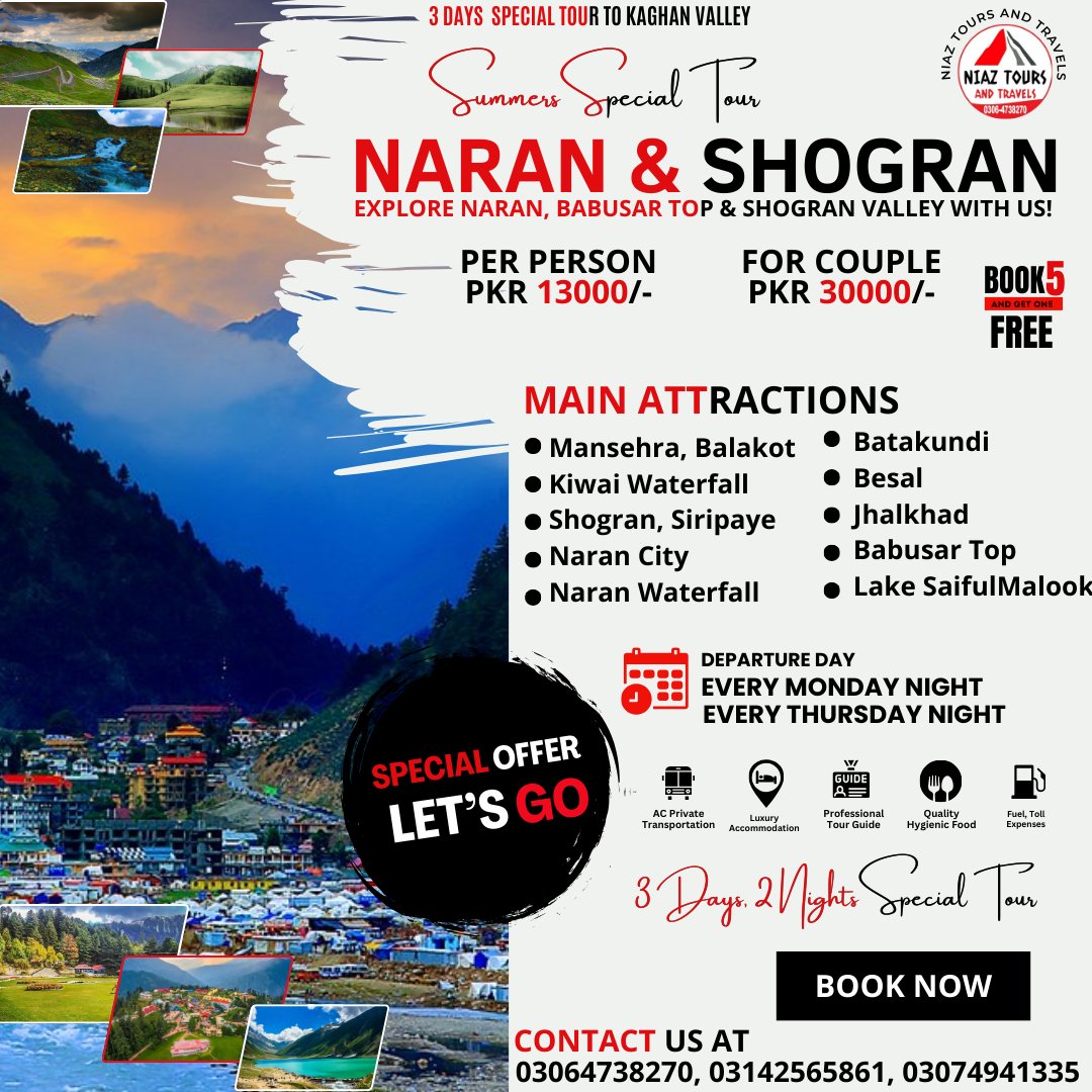 𝐍𝐨𝐫𝐭𝐡𝐞𝐫𝐧 𝐃𝐞𝐥𝐢𝐠𝐡𝐭𝐬: 𝟑-𝐃𝐚𝐲 𝐀𝐝𝐯𝐞𝐧𝐭𝐮𝐫𝐞 𝐭𝐨 𝐍𝐚𝐫𝐚𝐧, 𝐁𝐚𝐛𝐮𝐬𝐚𝐫 𝐓𝐨𝐩, 𝐚𝐧𝐝 𝐒𝐡𝐨𝐠𝐫𝐚𝐧 🏔️🌲

𝐃𝐞𝐩𝐚𝐫𝐭𝐮𝐫𝐞: Every Thursday Night
𝐃𝐞𝐩𝐚𝐫𝐭𝐮𝐫𝐞: Every Monday Night

#Naran #BabusarTop #Shogran #PakistanTourism #MountainAdventure