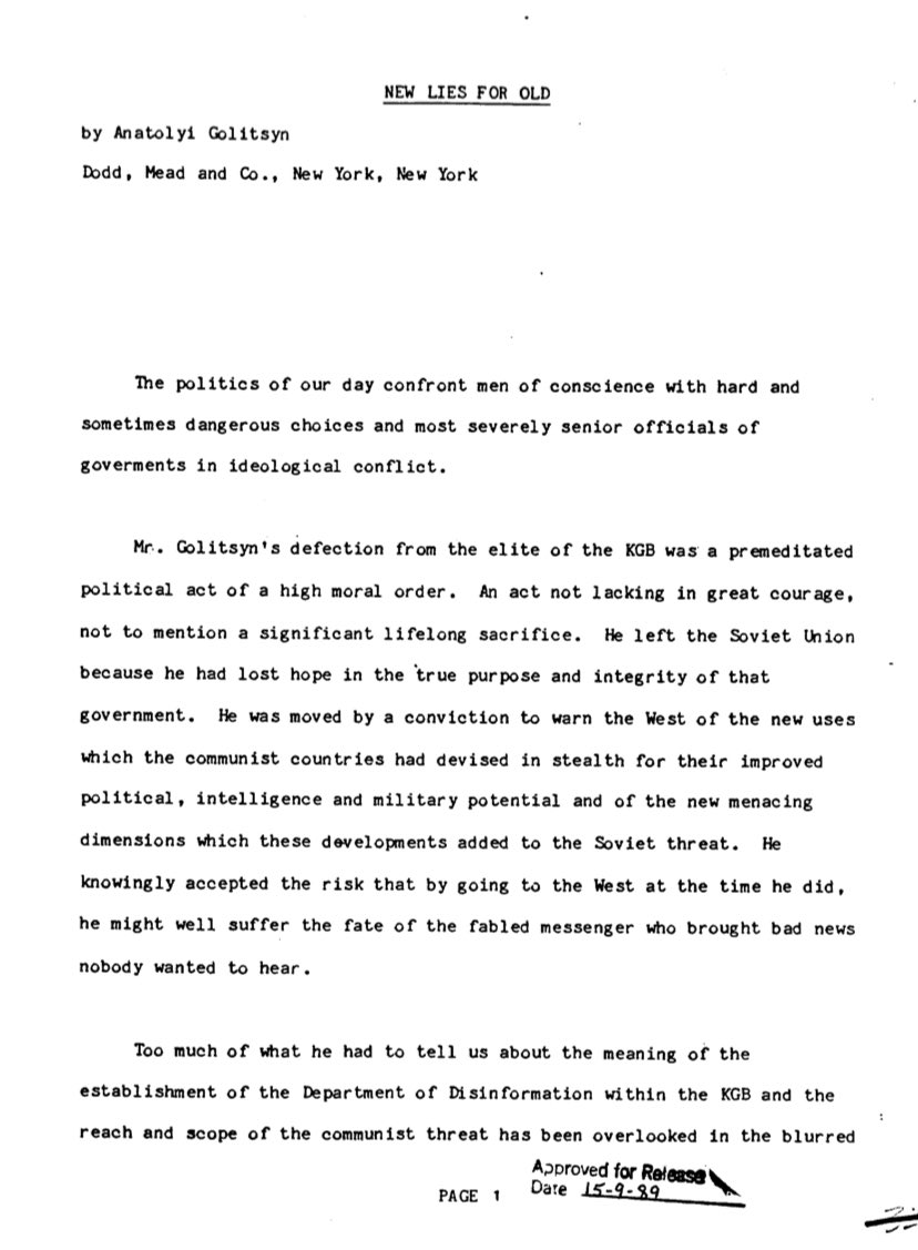 timfattig's tweet photo. In 1985, former #CIA CI chief #JamesAngleton wrote one of his last public comments on the defector wars of the ‘50s and ‘60s, this brief review of the book New Lies for Old by the significant #KGB defector #AnatoliyGolitsyn. https://t.co/l32zY0oSWL