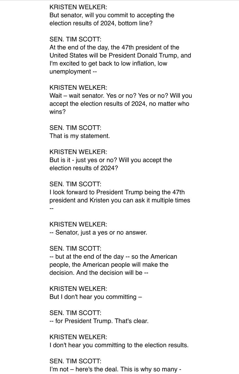 Absolutely Herculean effort by @kwelkernbc on @MeetThePress trying to get another prominent Republican, Sen. Tim Scott, to commit to accepting American election results in 2024. In the end, he didn’t commit.