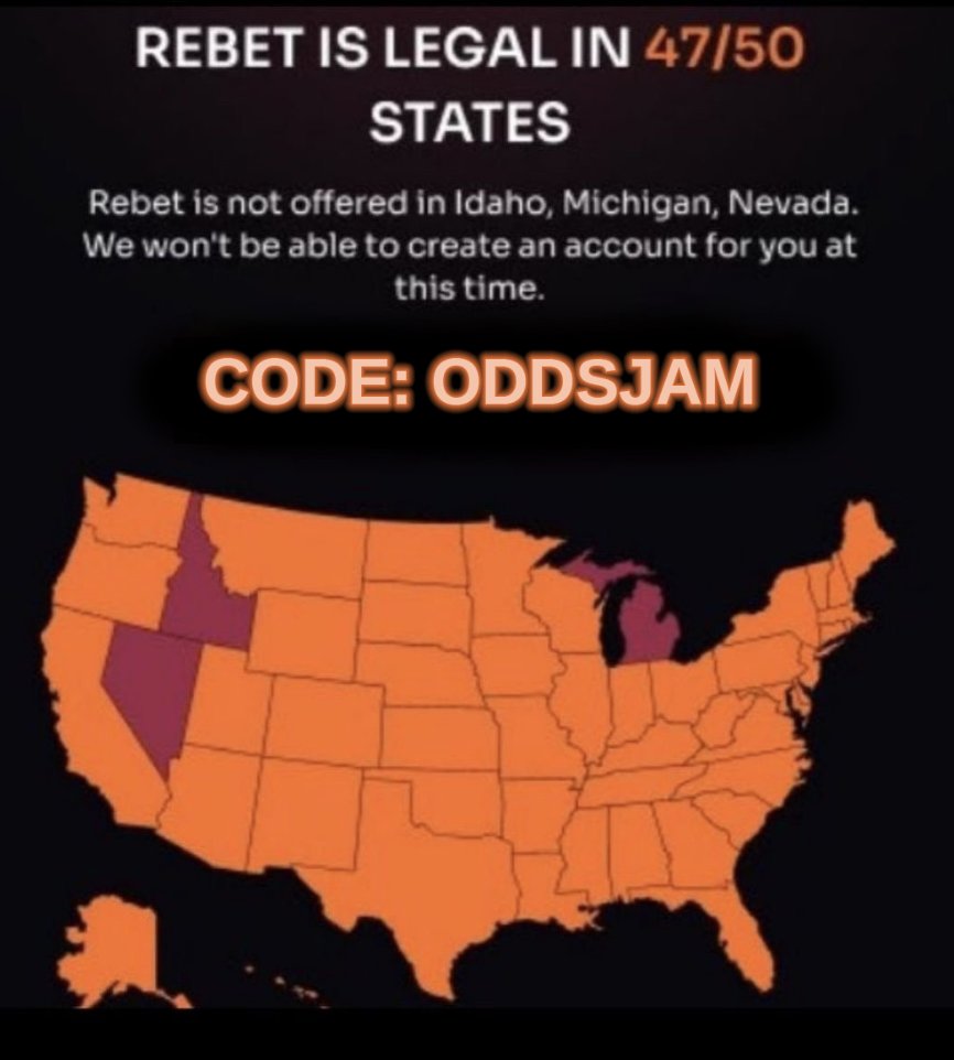 🚨ReBet is live and legal in 47 states 🚨 ...sorry ID/MI/NV Everyone else, you have to sign up for them ASAP. Tons of bets, player props, legal basically everywhere, and a great sign-up bonus 🤑 Use code ODDSJAM and get a $100 deposit match ✅ rebet.page.link/Km6SrFHAU27kj3…