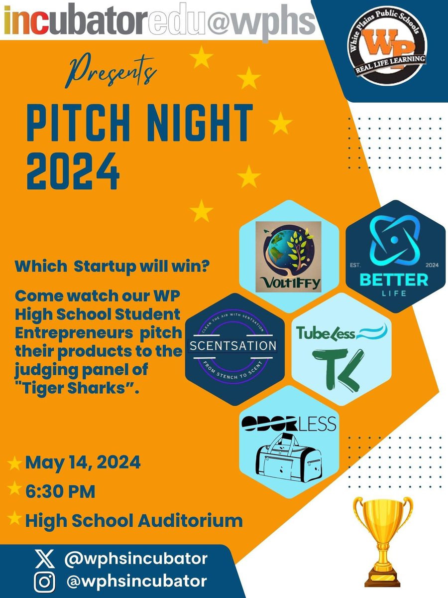 Come on out on Tuesday, May 14th at 6:30pm to hear our WPHS Entrepreneurs pitch to their products to the 'Tiger Sharks.' You're sure to be impressed by these students and their ideas! @wphsincubator