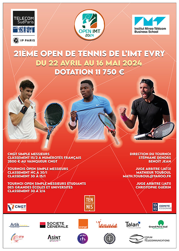 TelecomSudParis's tweet photo. [#OpenIMT] 🎾Dans le cadre de leur projet pédagogique GATE®, neuf élèves #ingénieurs @TelecomSudParis @IMTFrance @IP_Paris_ organisent en ce moment l'@openimt, tournoi de #tennis classé 2e #CNGT @FFTennis.

🧐➡️https://t.co/G1XviugPJK 

@orange @SG_etvous @ARTIKCONSULTING @talanconsulting @TennisCompagnie @grandparissud @Concours_MT @Prepas_UPS