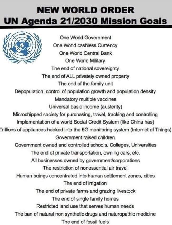 Who in their right mind would submit to NWO UN Agenda 21/2030 enslavement and assault on family values?

Does anyone want their individual freedoms replaced by absolute control of their lives from cradle to grave?

Wake up because this satanic scheme is real not science fiction!!