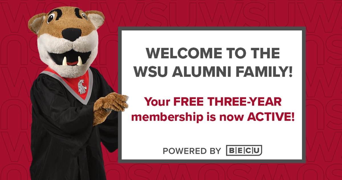 Congrats again to all the new WSU graduates &amp; welcome to the Coug alumni family! As our gift to you, we're giving all new grads a FREE three-year WSUAA membership courtesy of <a href="/BECU/">BECU</a>. Be sure to enjoy all your member benefits, especially during Member Appreciation Month! #CougGrad