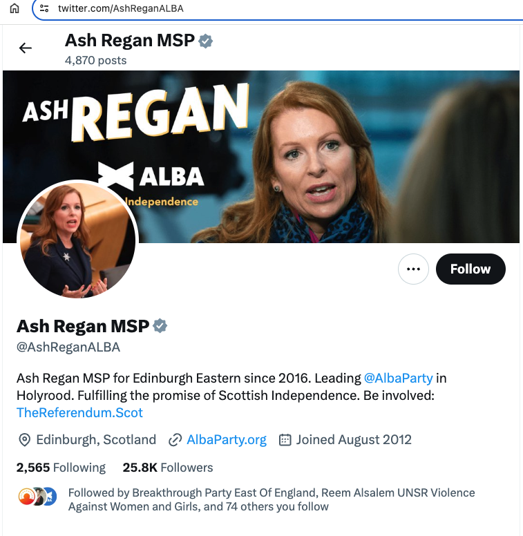 Deja vu...we keep being 'unfollowed' from @AshReganALBA?!?

This is the 3rd times we've added her account? Anyone else having issues of 'stealth' disconnection? 
Photo evidence?

So why could this be happening?
She's Scottish?
She's @AlbaParty?
She's openly #GenderCritical...🙃