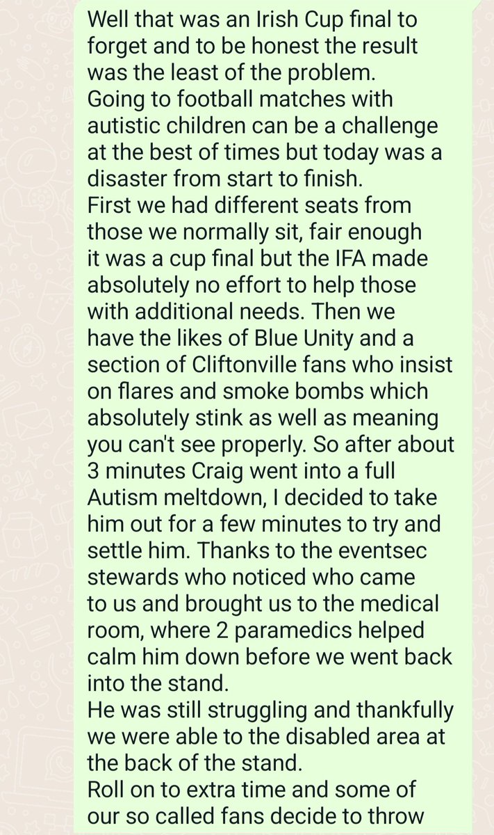 Still really annoyed with what happened at yesterday's Irish Cup Final with the lack of any consideration for those supporters with additional needs, considering there is apparently sensory rooms at Windsor. Why couldn't they be used? @IrishFA @OfficialBlues @AutismNIPAPA