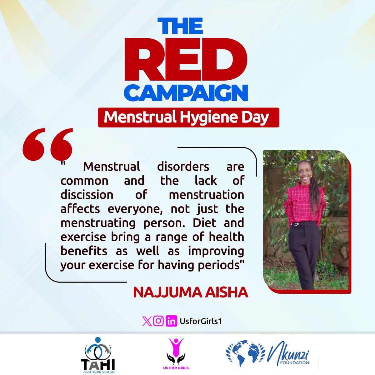 #RedCampaign

@AishaNajjuma1 reminds us that menstrual disorders are common and the lack of discussion of menstruation affects everyone, not just the person menstruating. Let us End the stigma.

She also reminds us that diet and exercise have a range of benefits
#EndPeriodStigma