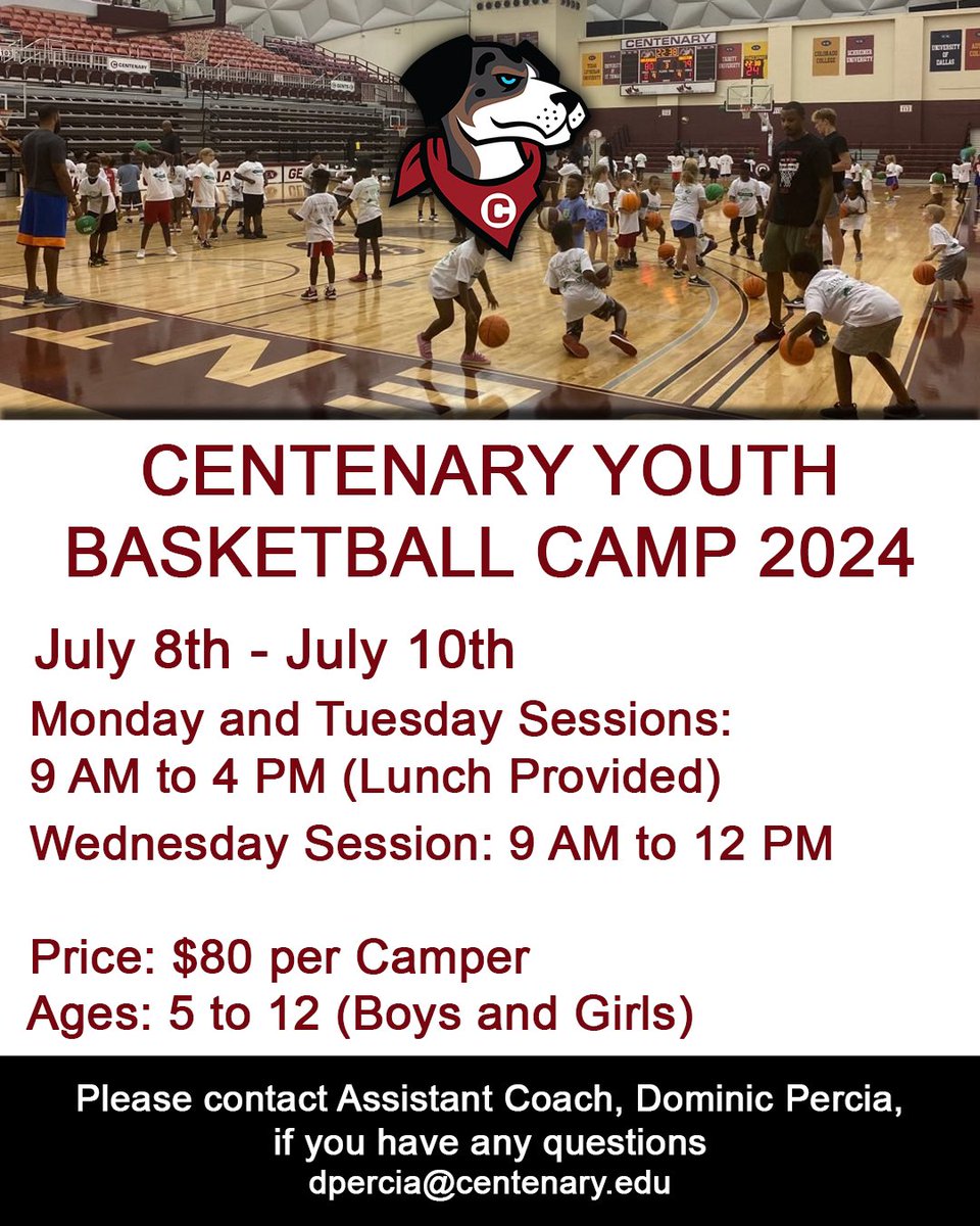 Centenary Youth Basketball Camp 2024❗️🏀 July 8th-10th Ages 5 to 12 (Boys and Girls) $80 per Camper Register here: centenaryla.wufoo.com/forms/2024-cen…