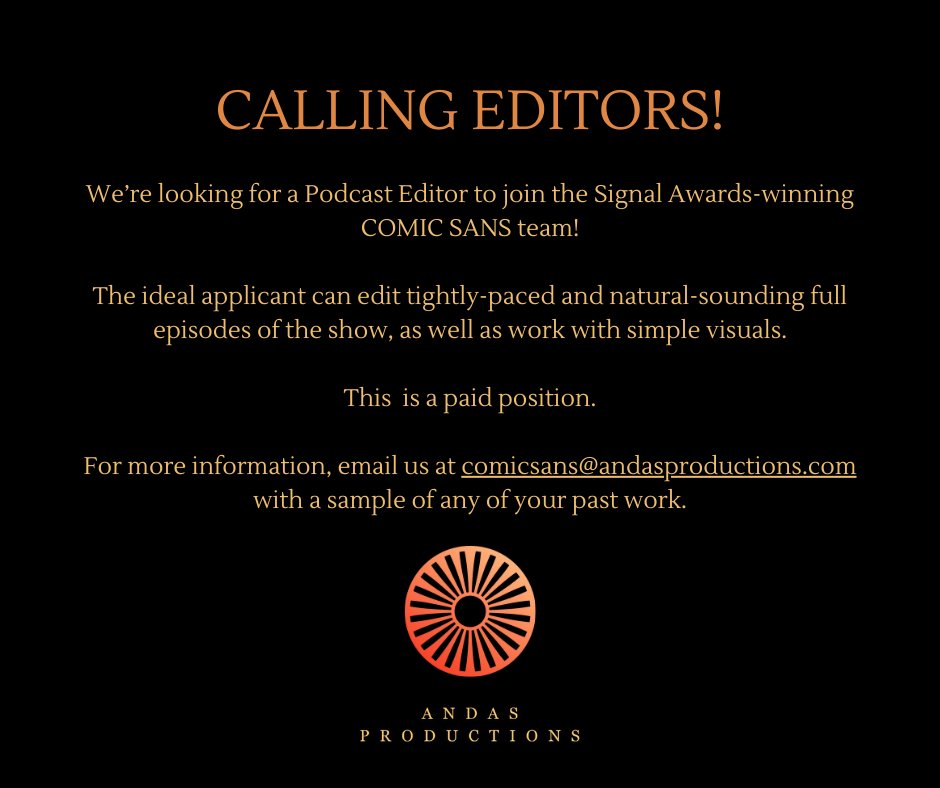 Hi all — we're looking for an Editor to join the team at @comicsanspod! If this sounds like you, or someone you know, we'd love to hear from you.