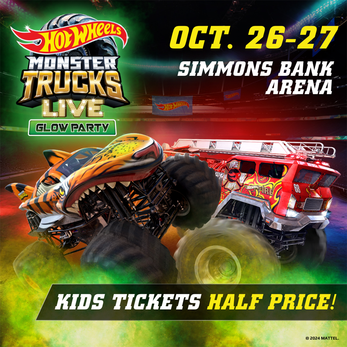 💚🔥 Get ready to see real-life versions of the famous Hot Wheels monster truck toys in the DARK including Mega Wrex, Tiger Shark, Bone Shaker, Gunkster, & more! ⭐ Hot Wheels Monster Trucks Live Glow Party 📆 October 26-27 📍 Simmons Bank Arena 🎟️ bit.ly/3UhXozN