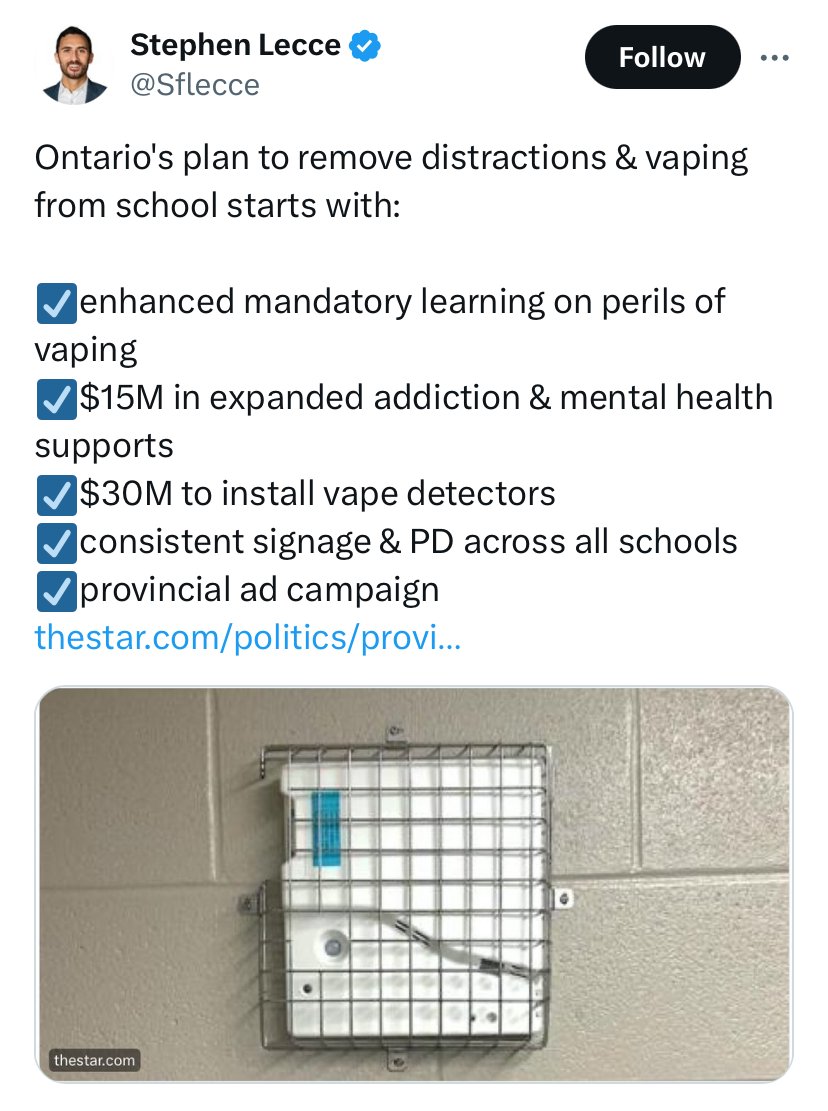 Couple of questions (for now): 
1. Who is paying to purchase AND install these? 
2. It is possible to install #AirQuality detectors instead?  (are these ONLY for vape fumes)?

#OntEd