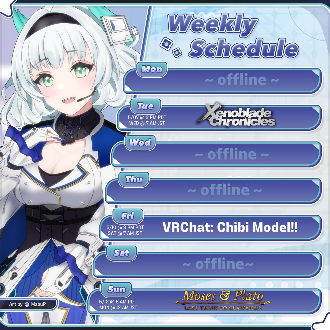 💠Weekly Schedule 5.07.2024💠
Showcasing my chibi model and checking out a murder train mystery game by #TWGdevstudio & #togeproductions! and of course more xenoblade~

📷: #_MabuP
Fanart: #Kamiscribble #神スクリブル
Fandom: #RKangel #RKエンジェル
Memes: #KaMEME #カミーム
