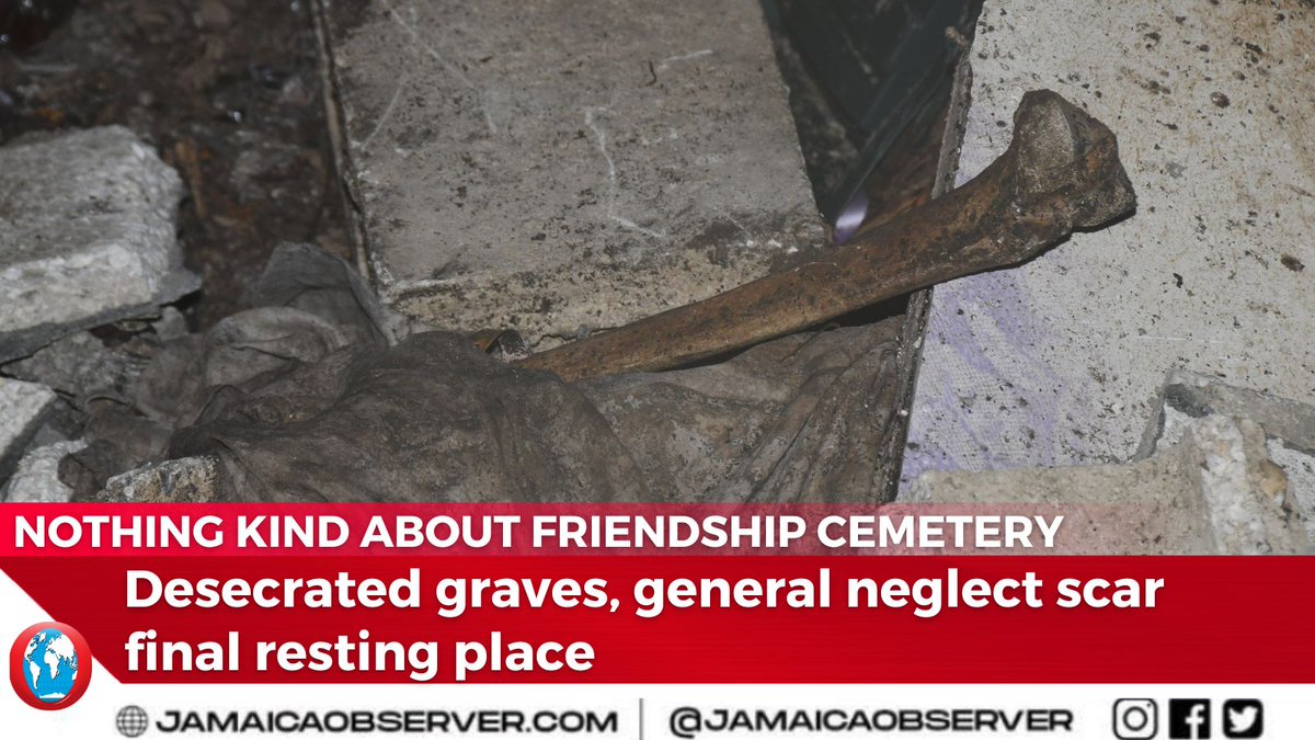 The unsettling sight of a desecrated grave, the remains of the deceased left vulnerable to the elements, angered workers assigned to clear overgrown pathways inside Friendship Cemetery near Bath, St Thomas. jamaicaobserver.com/2024/05/05/not…