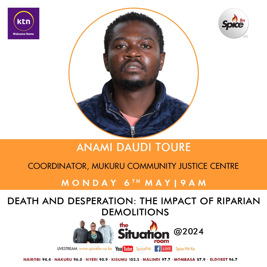 Tune in #TheSituationRoom tomorrow morning @SpiceFMKE as comrade @Anamidaudi discuss on the Impact of Riparian Demolitions, and the situation following the recent floods and unlawful demolitions in Mukuru Kwa Reuben.
#MapinduziKE