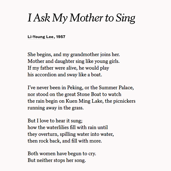 A poem by #LiYoungLee to celebrate memory, music, mothers and #AsianAmericanMonth.
