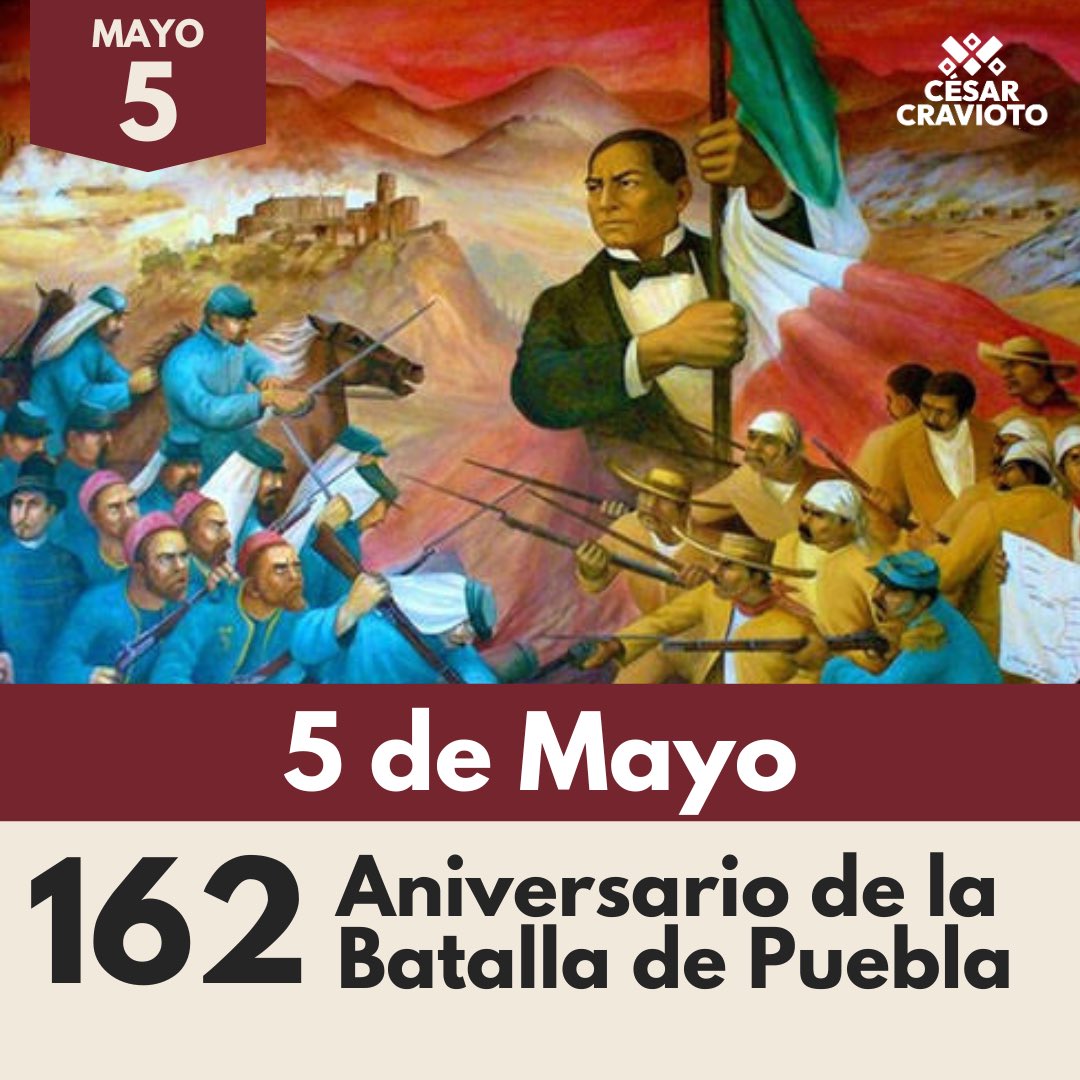 Hoy conmemoramos 162 años de la #BatallaDePuebla, un suceso histórico que marcó el gobierno del presidente Benito Juárez al defender nuestra soberanía y detener al ejército francés en su intento de intervenir en nuestro país. ¡Feliz #5DeMayo a todos nuestros paisanos! 🇲🇽🎉