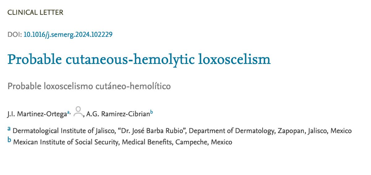 📙Probable cutaneous-hemolytic loxoscelism
J.I. Martinez-Ortega y A.G. Ramirez-Cibrian
i.mtr.cool/xdxpfzvppc
#RevistaSEMERGEN