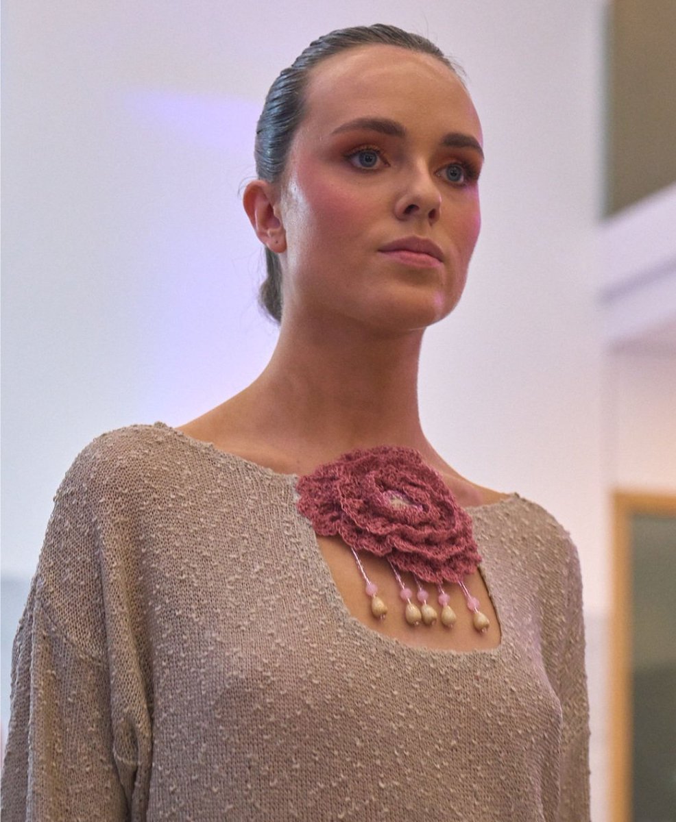 A close up from @riverfestlimerick #fashionfest Thanks so much to photographer @evantsapatoras for sending me images 🙏💗 & @creations_by_claud for the fab make up on the night 💗 #knitwear #crochet #handbeaded #Irishfashion #Irishknitwear #madeinlimerick #loveirishknitwear