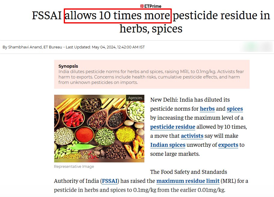 KUDOS TO FSSAI!

FSSAI increases permissible pesticide levels in spices by 10 times instead of making the companies reduce the present pesticide level!