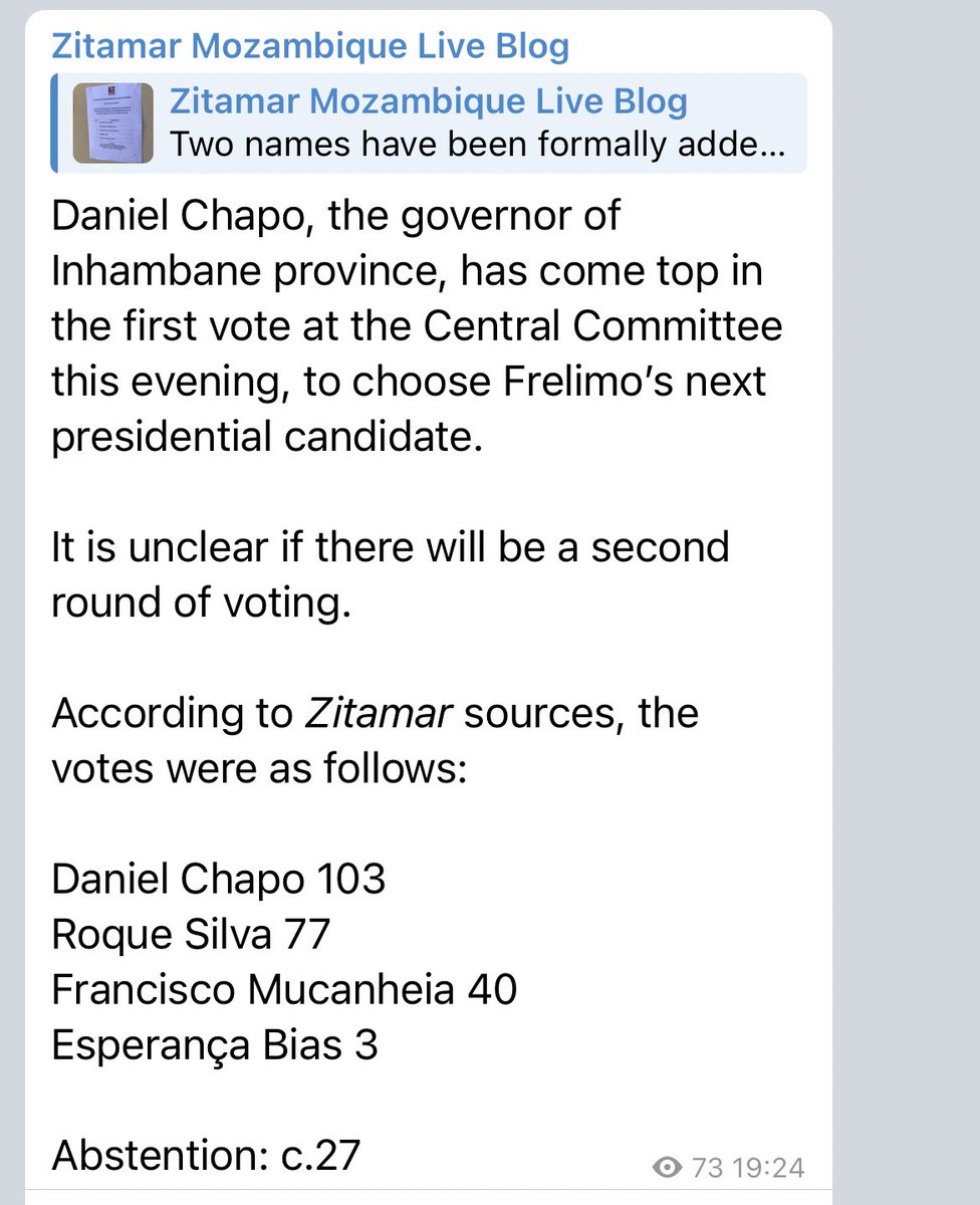 #Mozambique: Latest update on Frelimo’s presidential succession vote from @ZitamarNews 👇🏻 #Frelimo #ComitéCentral