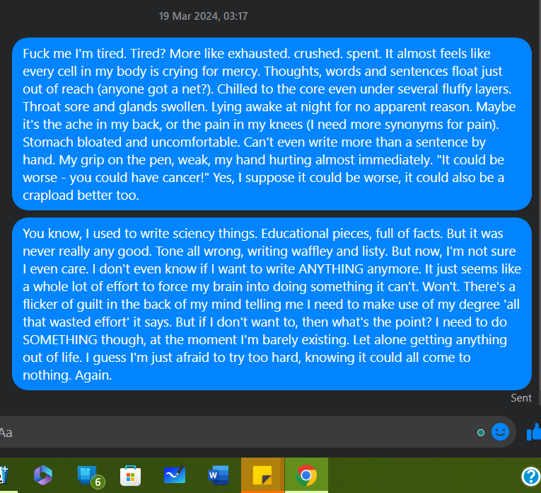 abistarr_writes's tweet photo. These pieces 'happened' a few weeks ago when I was awake in the middle of the night. Wasn't planning on writing, but needed my brain to shut up. Not looked at them since, but wanted to share them today for some reason. 
#WritingCommmunity #chronicillness #pwME #spoonie #writing https://t.co/NIJFhjABlb