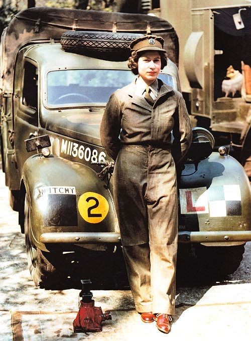 Our late Queen doing her bit for Britain during WWII.

Princess Elizabeth, 2nd Subaltern in the ATS, pictured next to a  military vehicle in 1945. A women of many talents. 
#ElizabeththeGreat ❤️🇬🇧