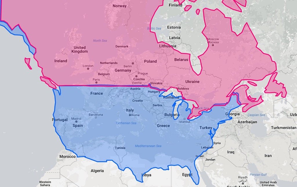 The United States and Canada at the same latitudes as Europe