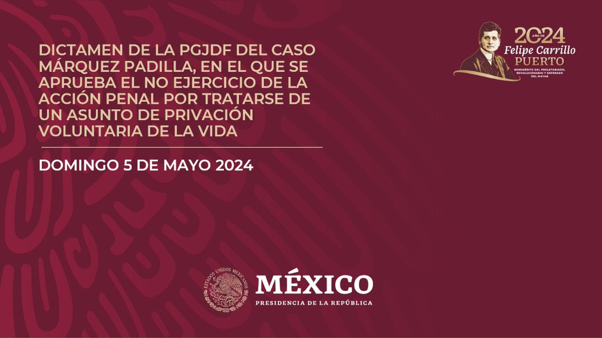 Dictamen de la PGJDF del caso Márquez Padilla en el que se aprueba el no ejercicio de la acción penal por tratarse de un asunto de privación voluntaria de la vida.

bit.ly/3WoQwSV