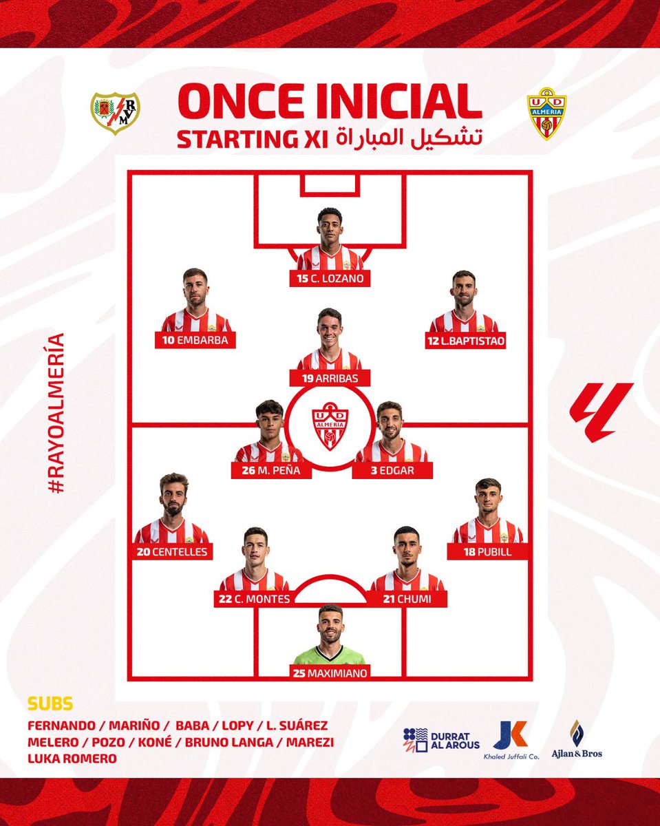 Our starting lineup for tonight's game! 🔴⚪️ #VamosAlmería 🔴⚪️ | #RayoAlmería ⚔️ | @LaLigaEN