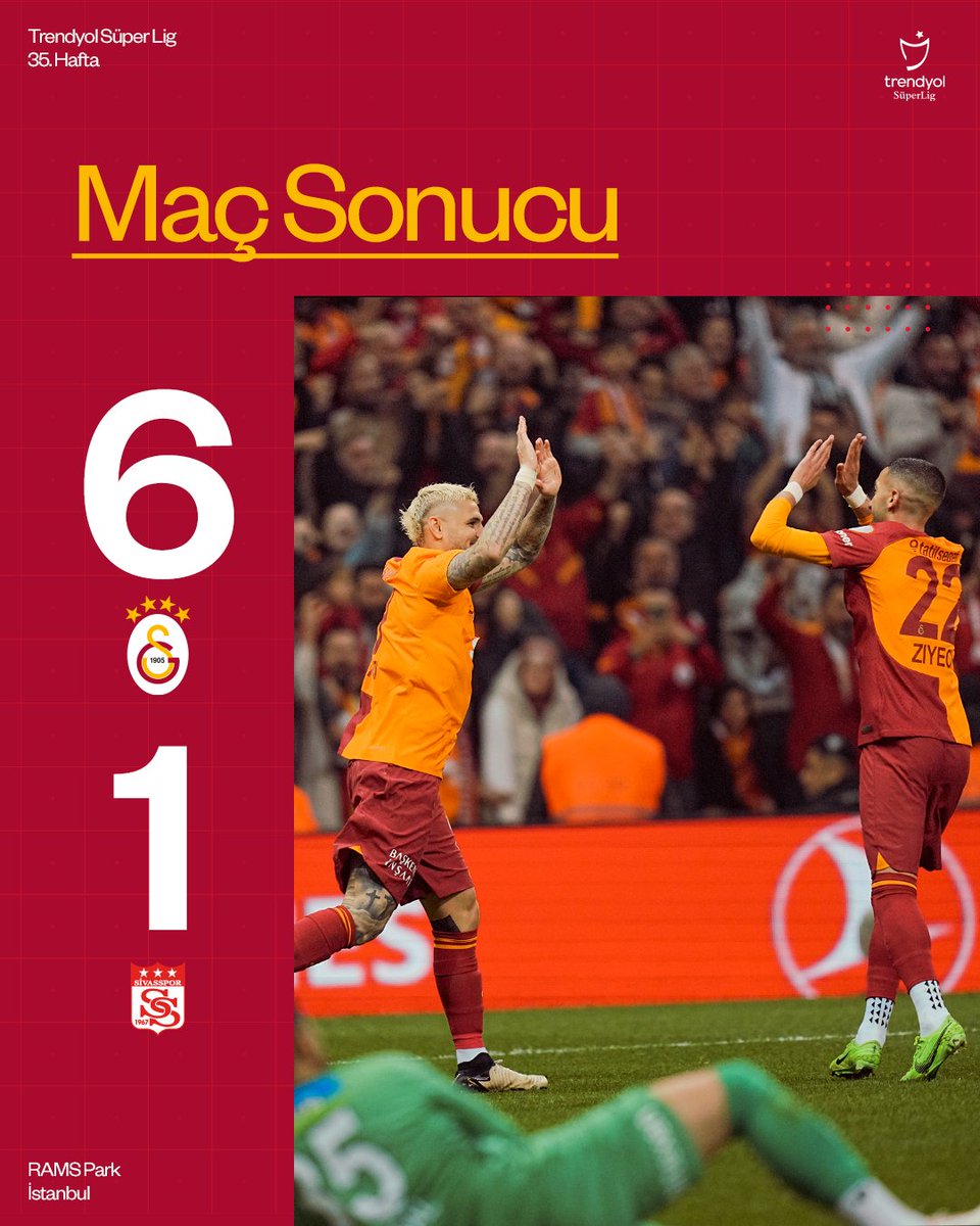 🧿 Trendyol Süper Lig’de üst üste 1️⃣6️⃣. galibiyetimizi alarak kendi rekorumuzu geliştirmeye devam ediyoruz! 💪🙌

Galatasaray 6-1 E. Y. Sivasspor 👏
￼
#GSvSVS