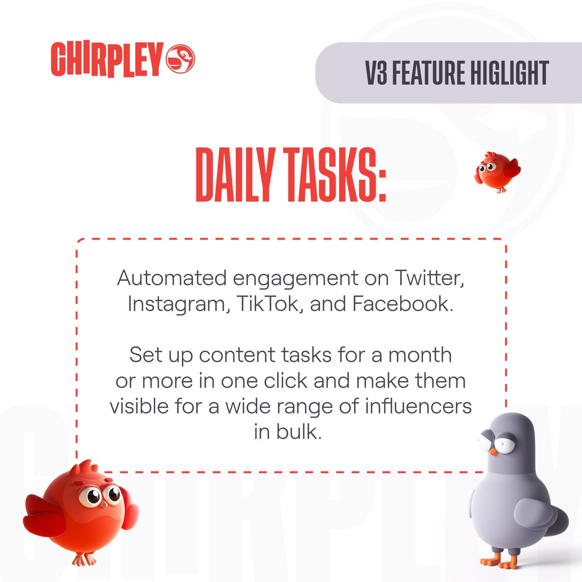🐦V3 Features Highlight: Daily Tasks One of the major updates of V3 and a completely new feature on Chirpley. A tool that will maximize your engagement whether you are a brand or an influencer. Dive in👇 📍What are Daily Tasks? Daily Tasks is a flexible marketing instrument…