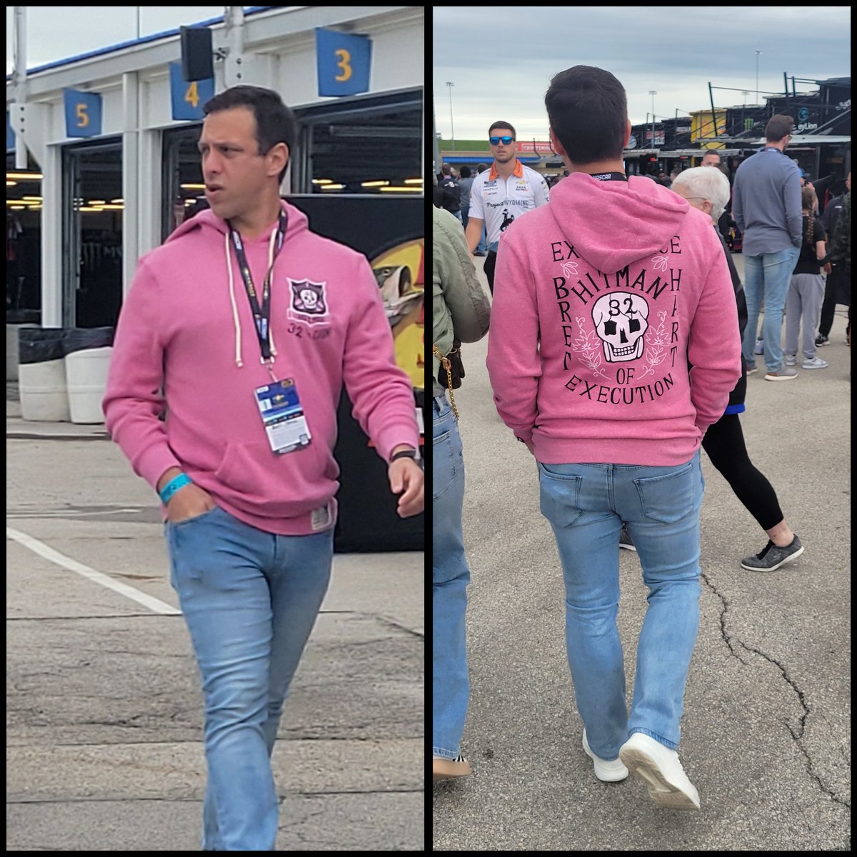 #Chiefs GM Brett Veach on hand for the ##adventhealth400 at Kansas Speedway wearing a Bret 'The Hitman' Hart jacket.
