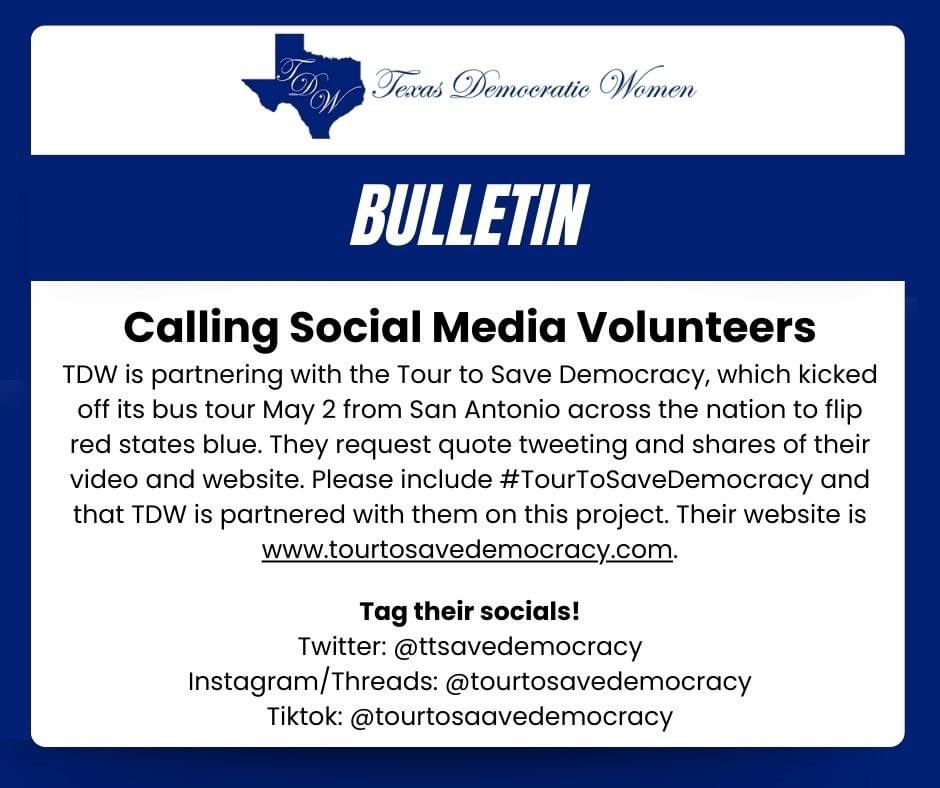 TX Democratic Women (@txdemwomen) on Twitter photo 🚍 The #TourToSaveDemocracy is underway! TDW is proud to partner with <a href="/ttsavedemocracy/">Tour To Save Democracy</a> to help flip red states blue. Share their video and visit tourtosavedemocracy.com to learn more. Let's unite for democracy and freedom! ✊ #TDW #PartneringForChange 🚍 The #TourToSaveDemocracy is underway! TDW is proud to partner with <a href="/ttsavedemocracy/">Tour To Save Democracy</a> to help flip red states blue. Share their video and visit tourtosavedemocracy.com to learn more. Let's unite for democracy and freedom! ✊ #TDW #PartneringForChange